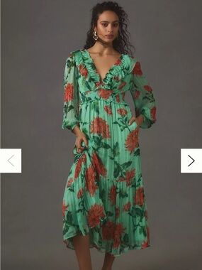 Anthropologie The Odetta Ruffled V-Neck Midi Dress Size M